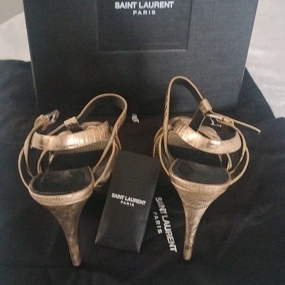 YSL metallic Gold Lizard Embossed Leather Tribute Ankle Strap Platform heels - Picture 3 of 16